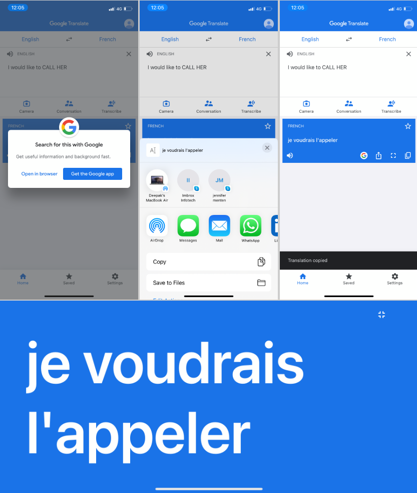 Google translate translated text options in iPhone